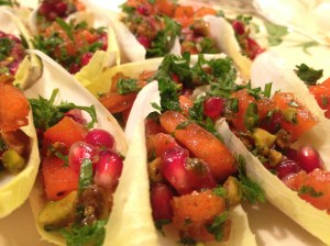 Winter endive bites with persimmon and pomegranate