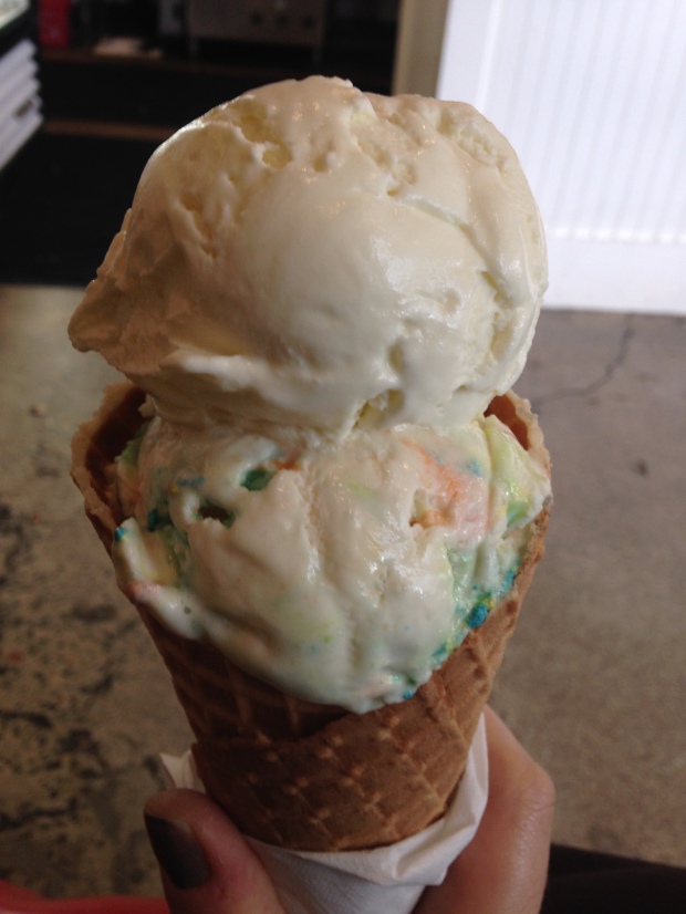 Arbequina olive oil ice cream, Lucky Charms Ice Cream, and a waffle cone