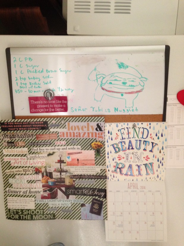 My vision board, and an amazing drawing of Toby on a white board that has been there for almost 2 years. Also a peanut butter cookie recipe. 