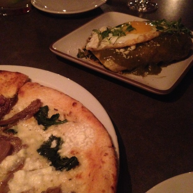 duck confit pizza and veggie enchiladas
