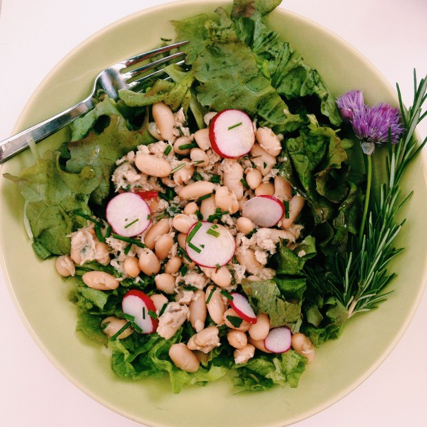 white beans and tuna over greens